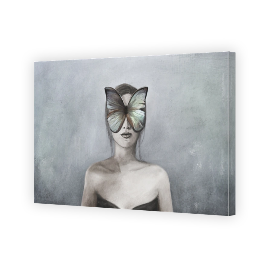 surreal woman's face covered by a colorful butterfly