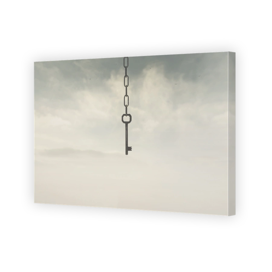surreal key coming down from the sky, concept of freedom; property; solution; knowledge; power; protection