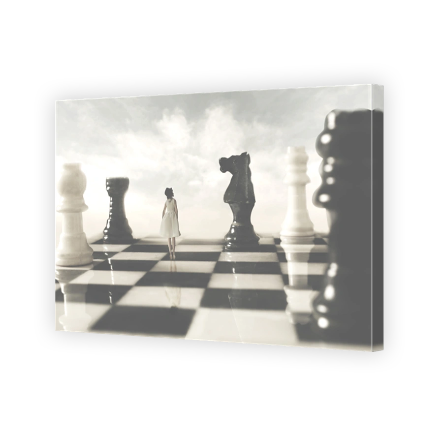 woman who is allied with the white chessborads looks suspiciously at her black rival; concept of strategy