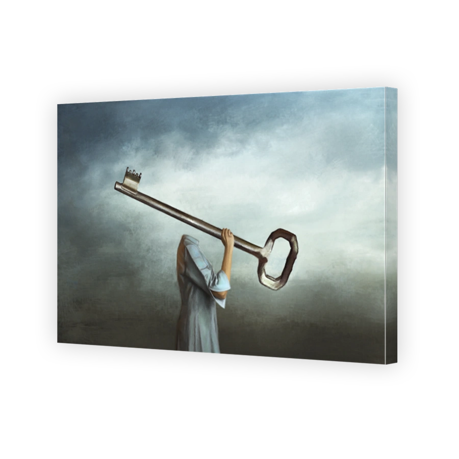 surreal woman with key looking for her identity