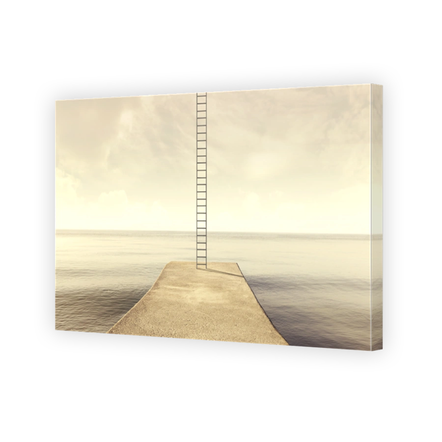 surreal ladder rises up into the sky in a silent sea landscape