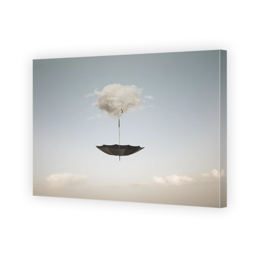 surreal cloud carrying an umbrella in the sky, abstract concept