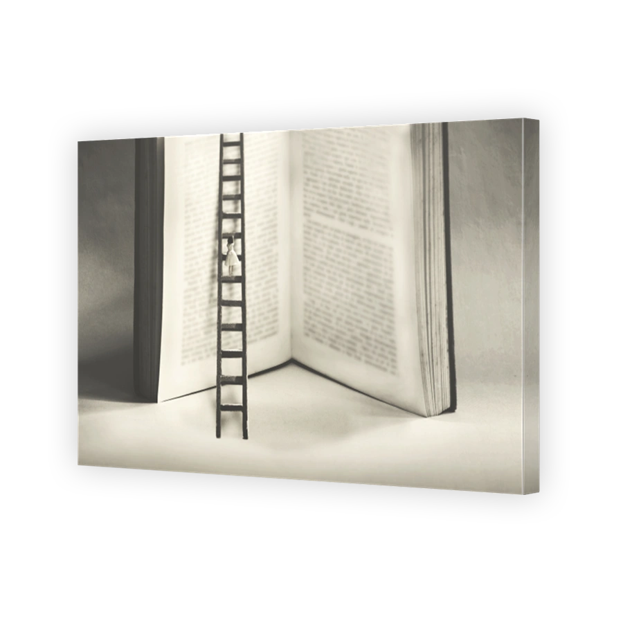 little woman tries to reach the summit of knowledge by climbing a gigantic book