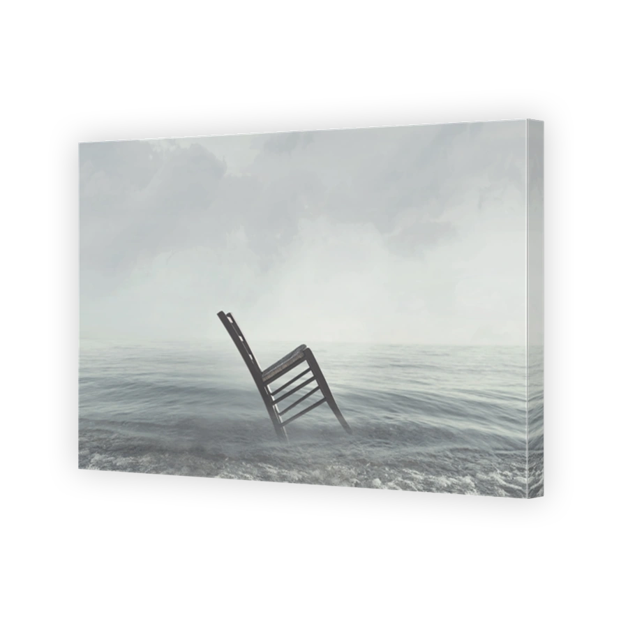 surreal image of a chair that is in oblique equilibrium alone