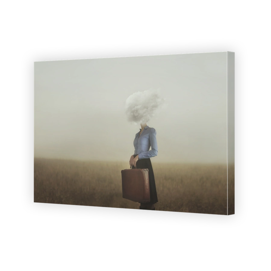 surreal moment of a woman traveler with her head covered by a cloud