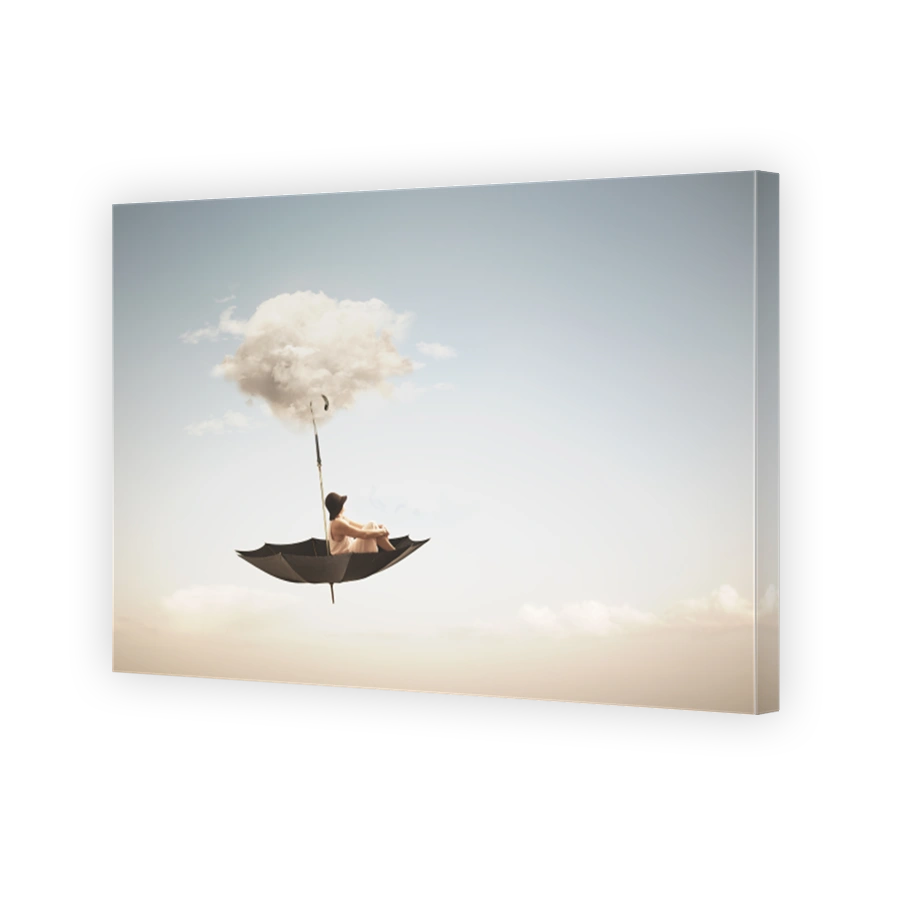 surreal umbrella carried by a cloud takes a woman to the sky, abstract concept