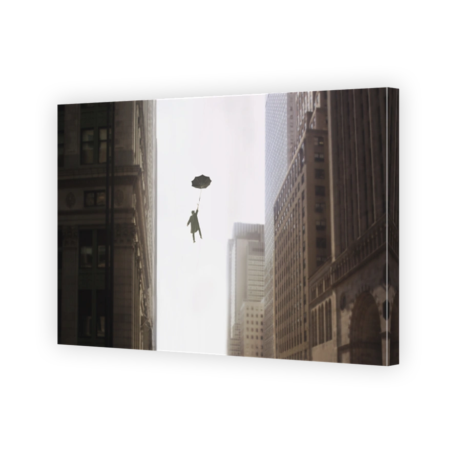 surreal man with umbrella flies into the sky between the buildings of a metropolis