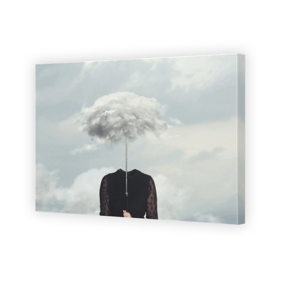 surreal woman without identity protects herself with an umbrella made of clouds, abstract concept