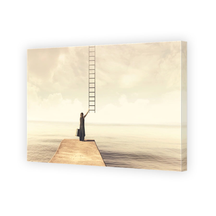 Woman takes up imaginary ladder from the sky to a disenchanted destination