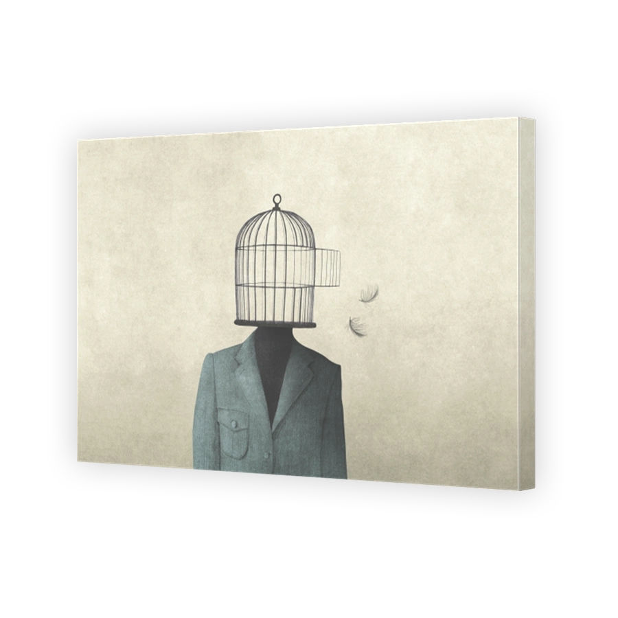 man with open birdcage over his head, surreal freedom concept