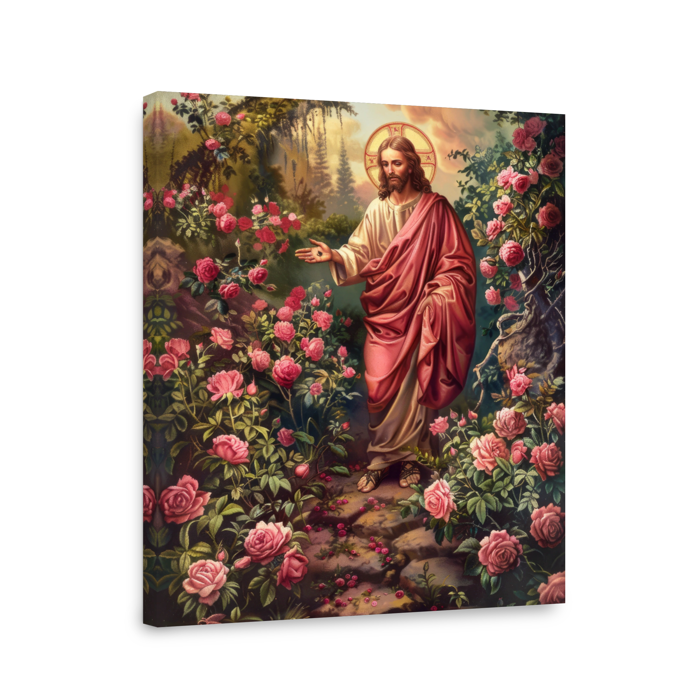 Jesus surrounded by lush pink roses