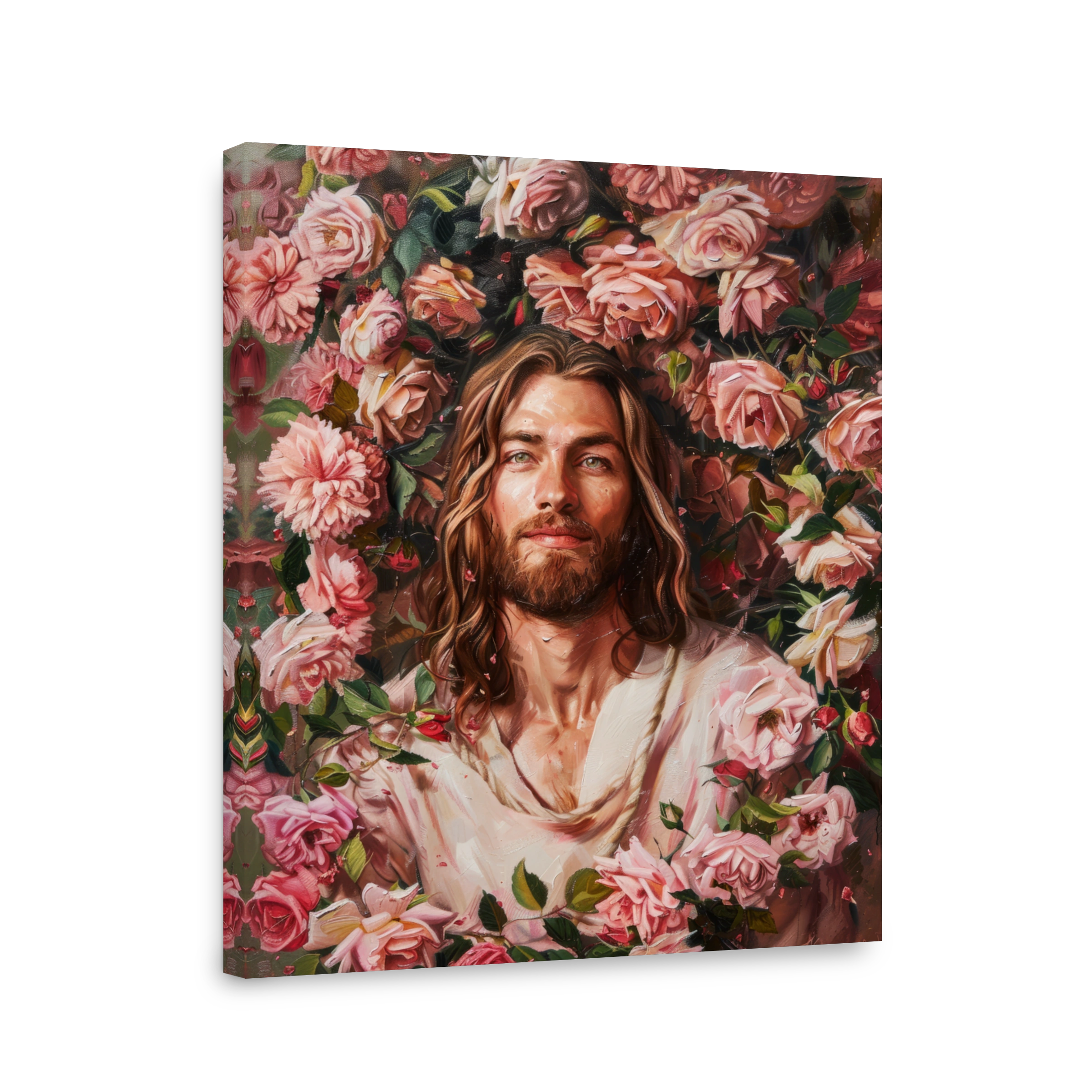 Jesus Surrounded by Pink Roses Oil Painting