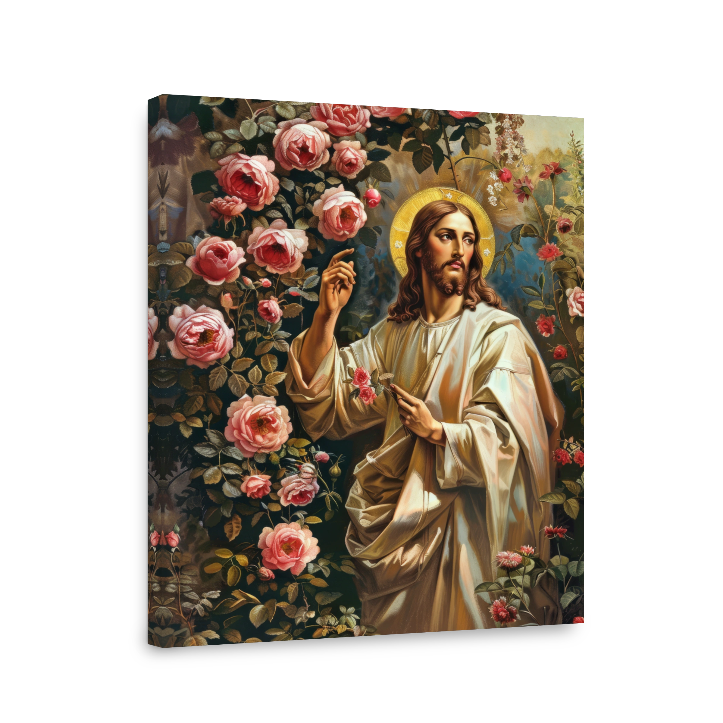 Serene Jesus Surrounded by Roses Oil Painting