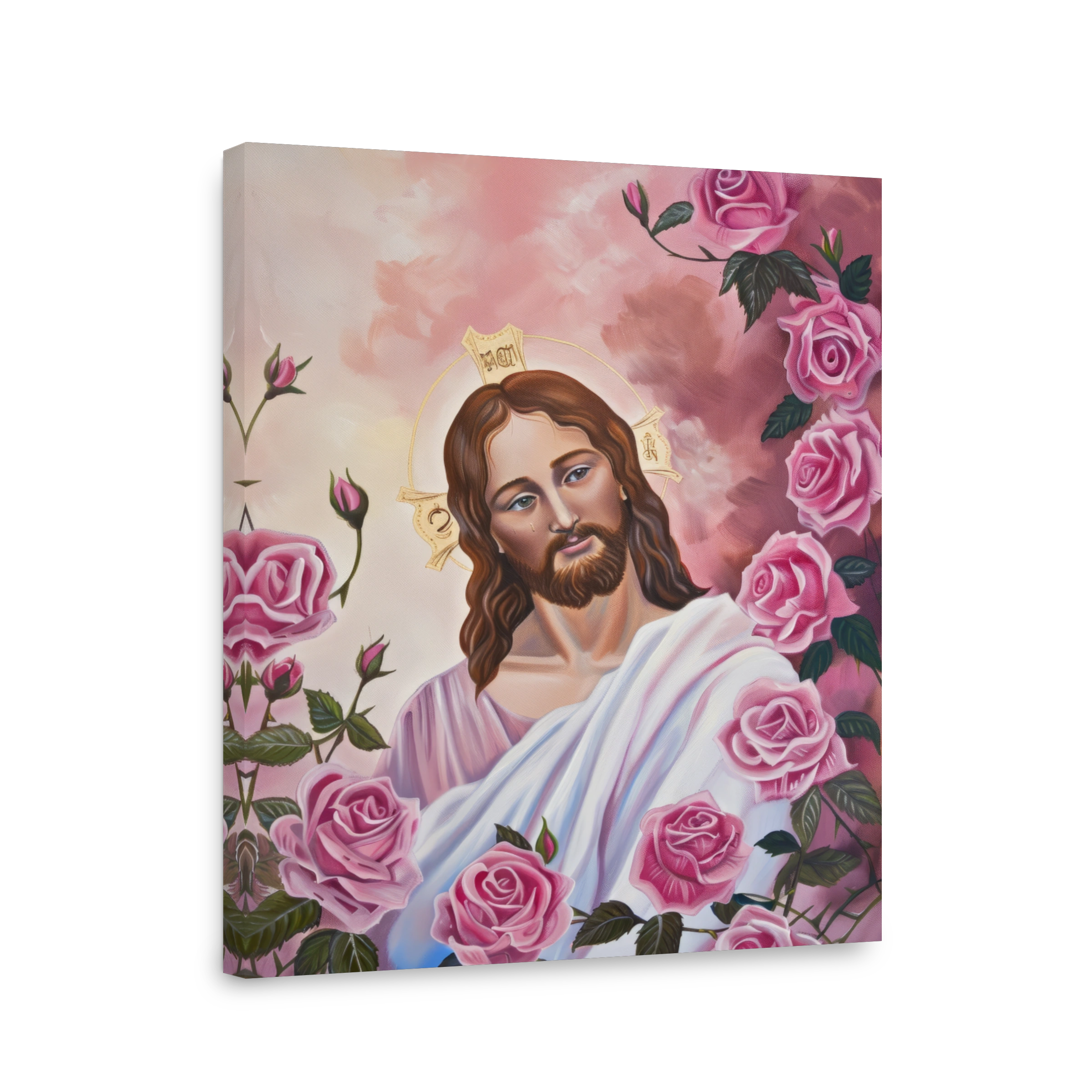 Jesus Christ surrounded by pink roses oil painting