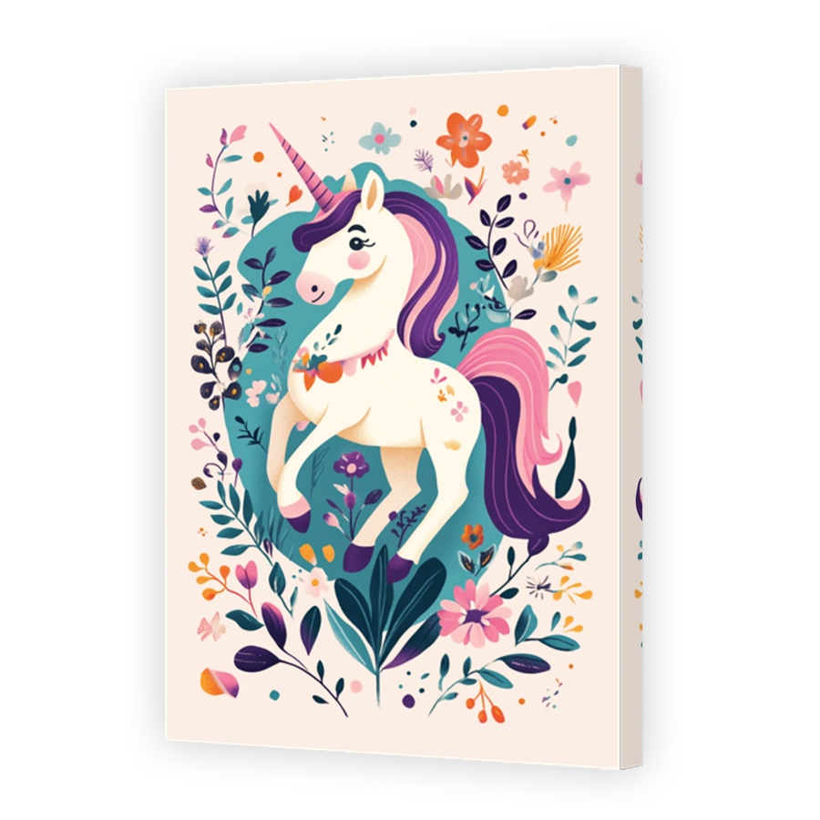 Whimsical unicorn surrounded by floral elements