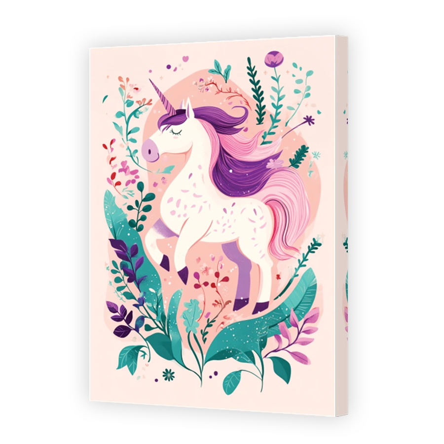 Whimsical unicorn surrounded by floral elements