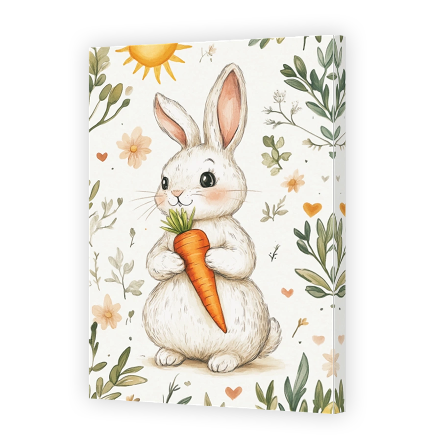 Playful bunny holding a carrot watercolour art