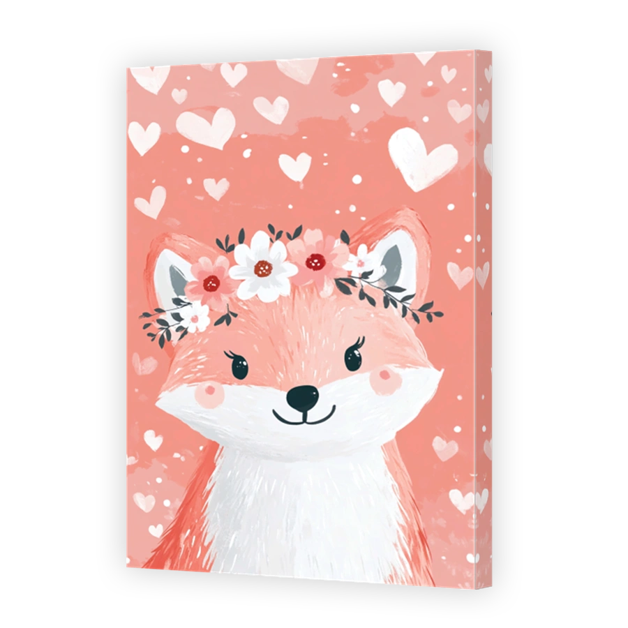 Cute fox with floral crown and hearts