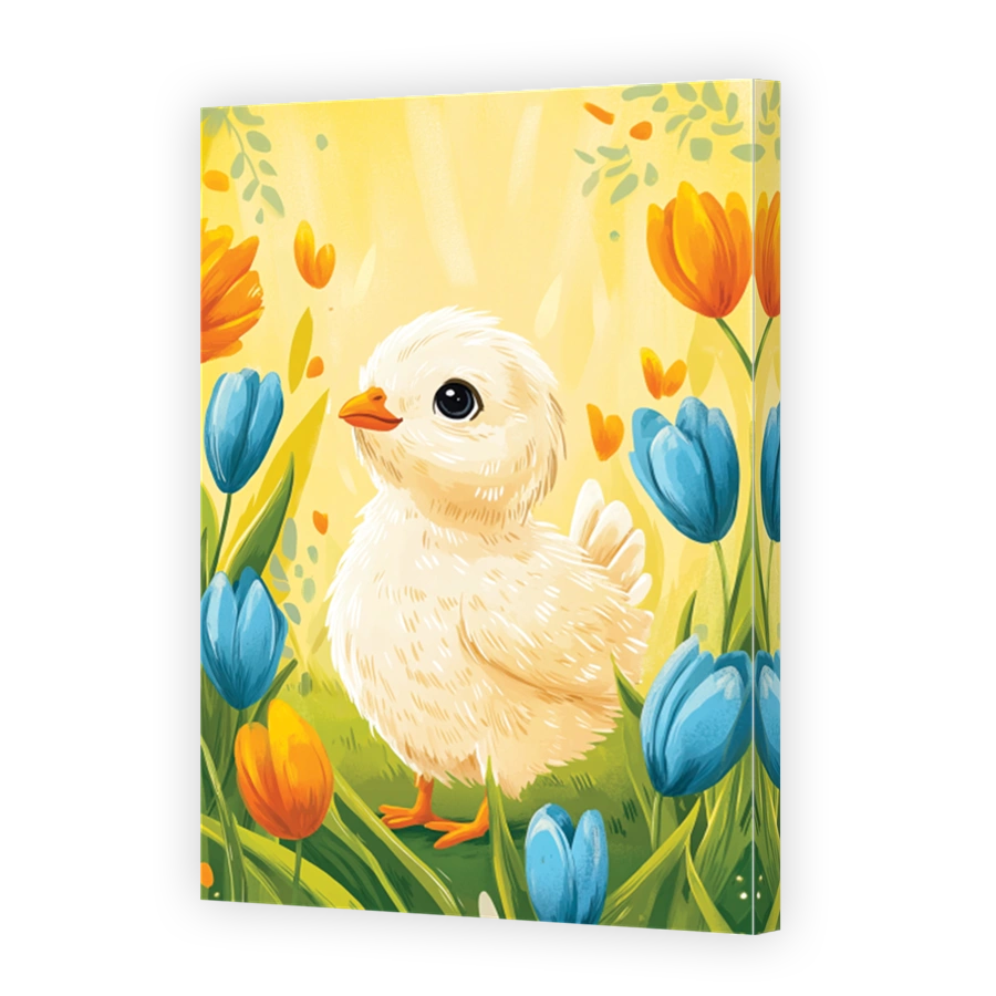 Cheerful Chick Surrounded by Spring Tulips