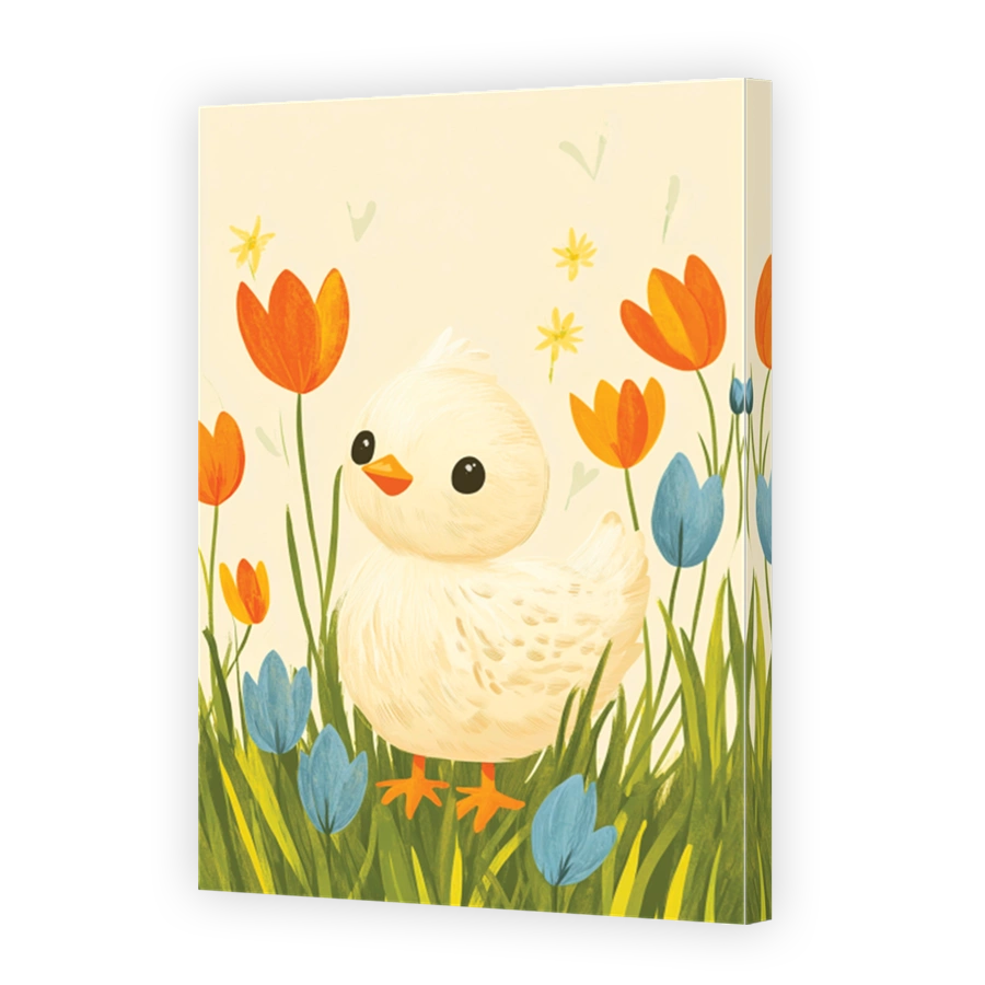 Cheerful chick surrounded by spring flowers