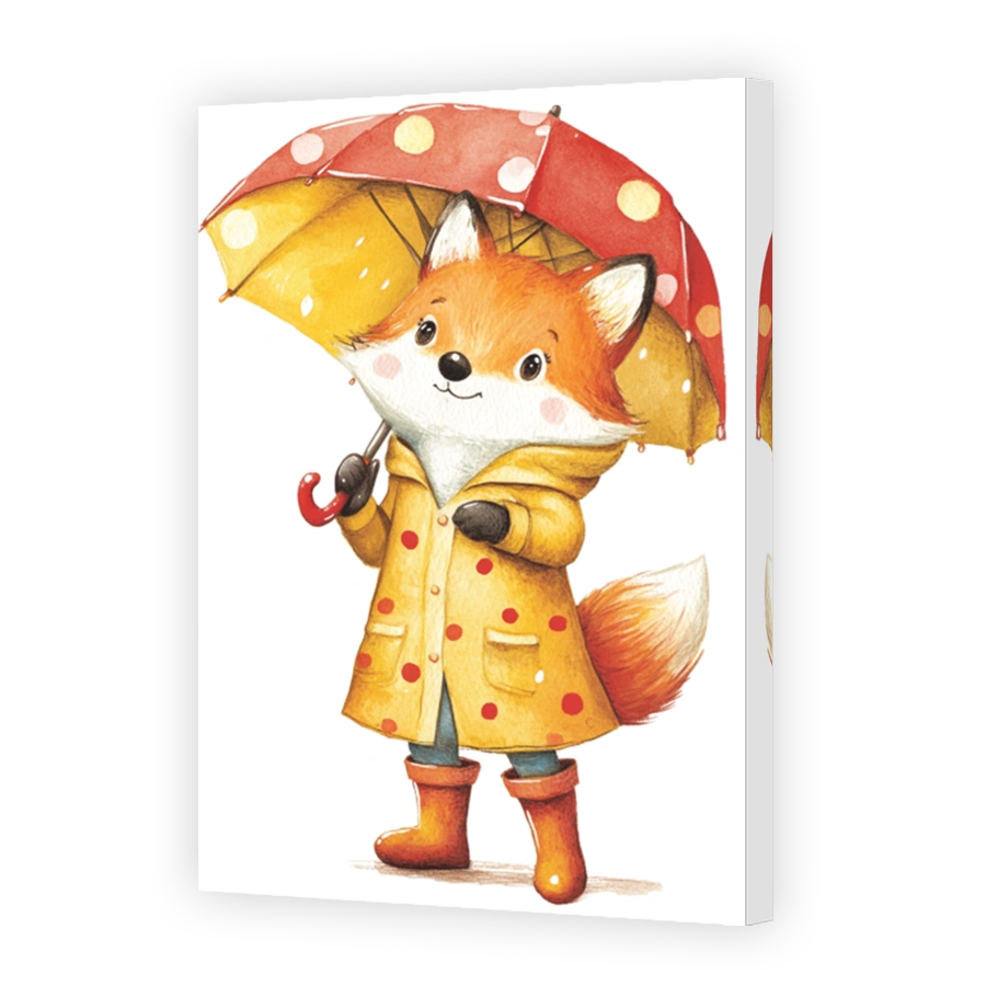 Playful fox in yellow raincoat with umbrella