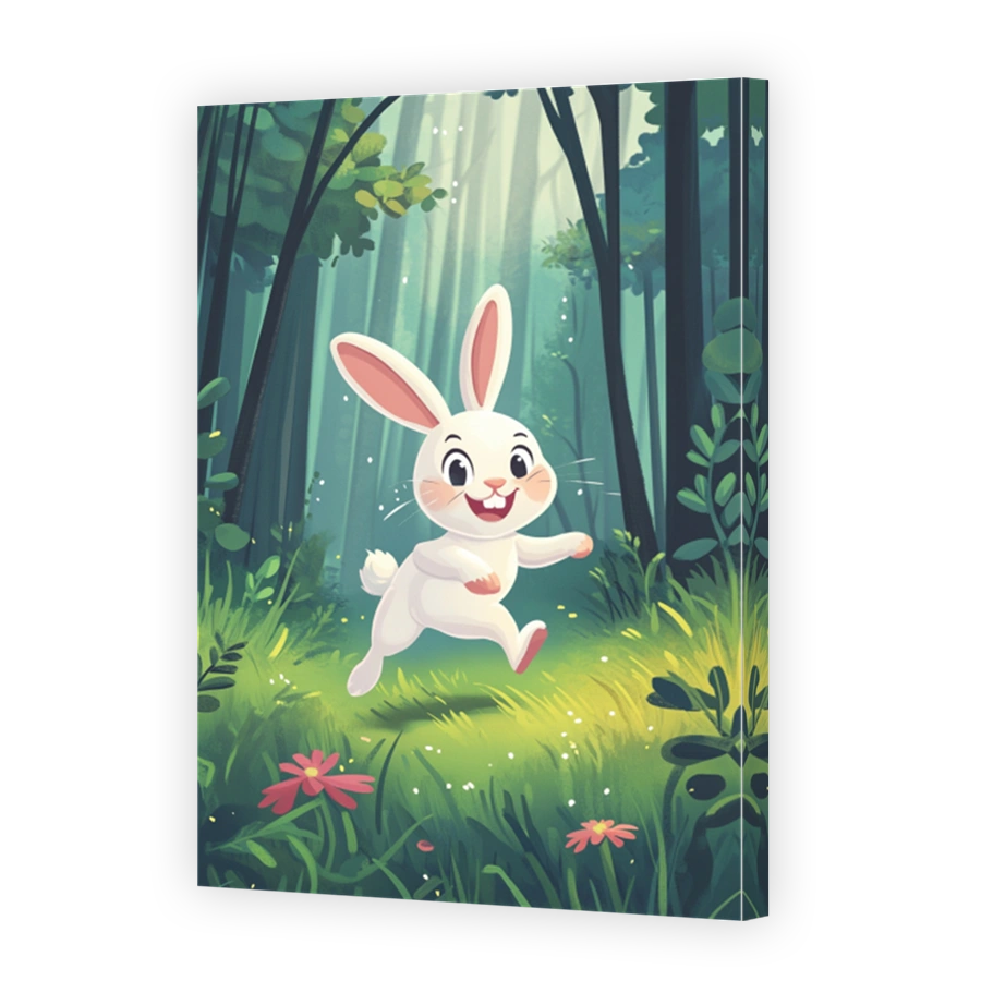 Playful rabbit running through a lush forest