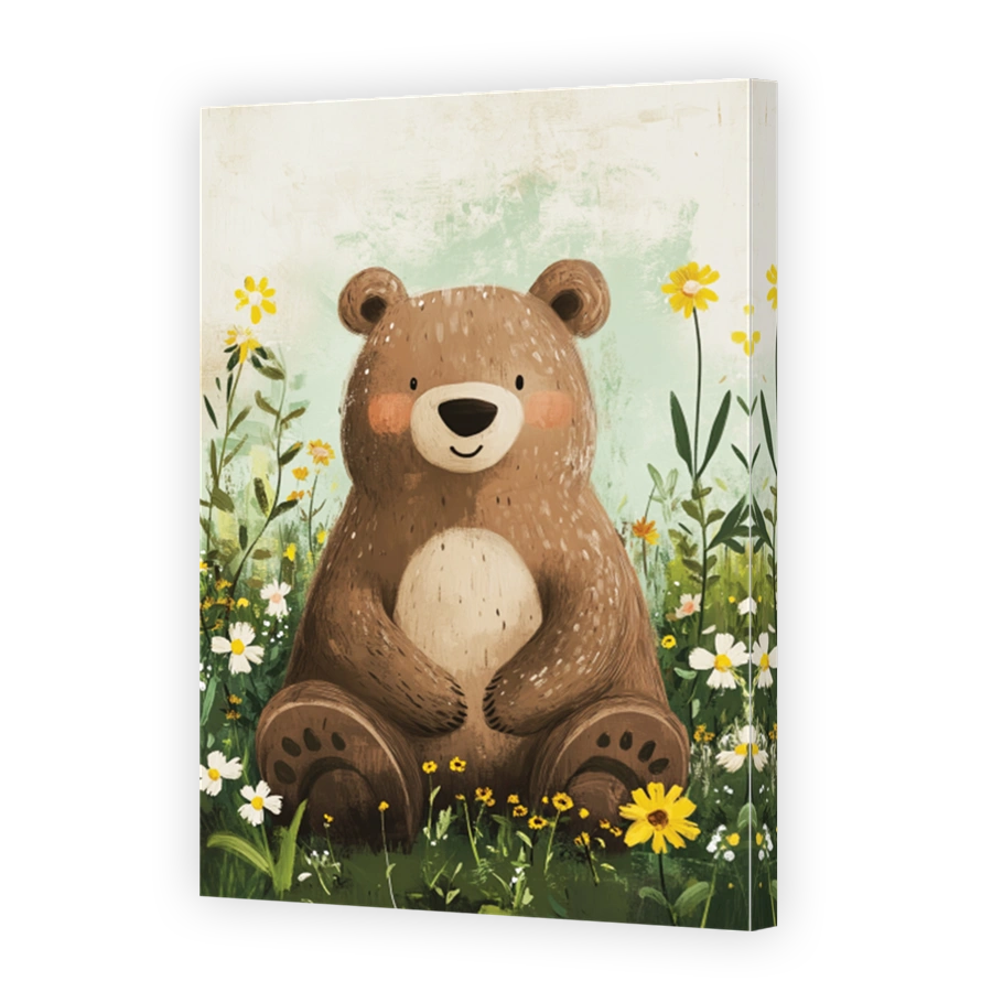 Whimsical Bear Illustration in a Field of Flowers