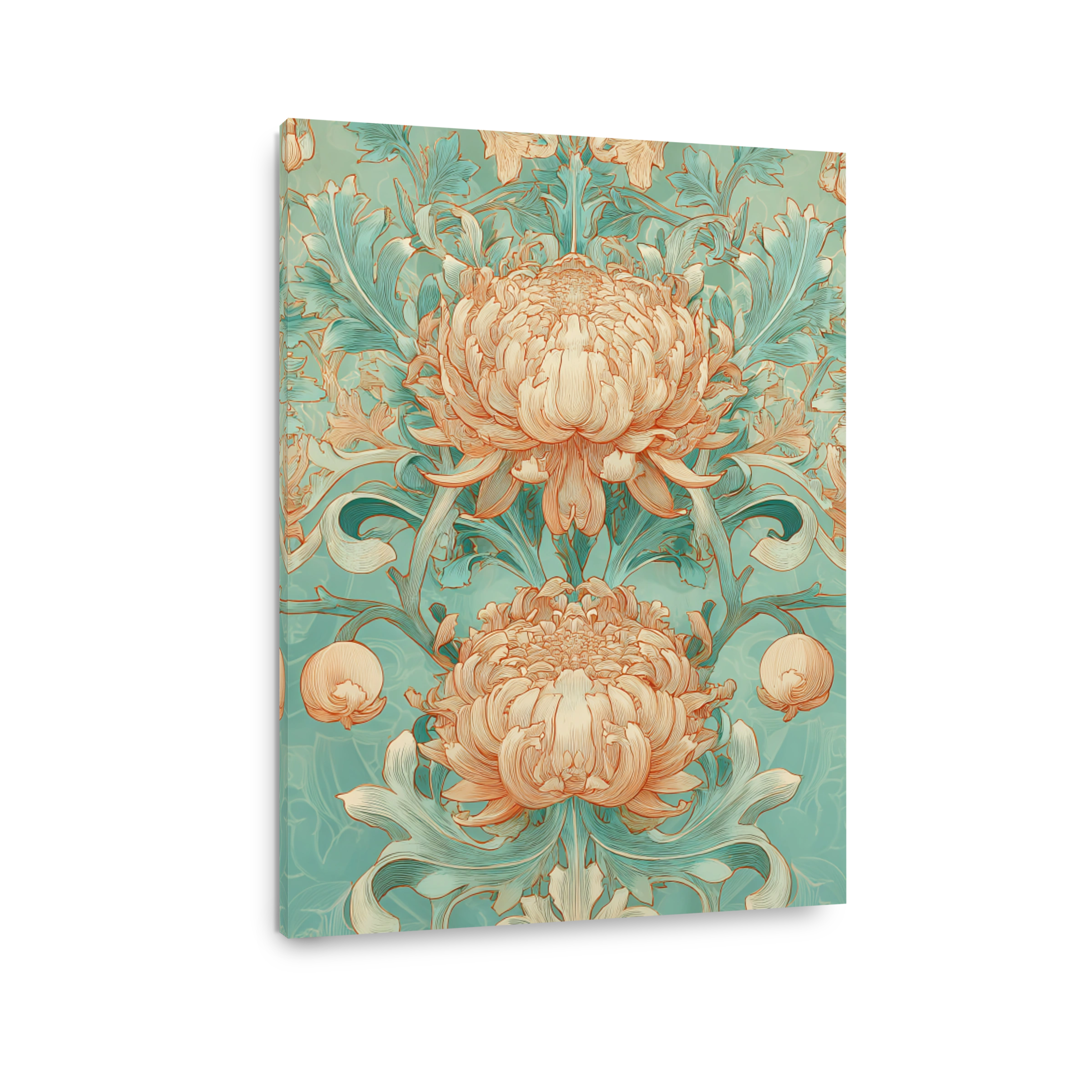 Elegant Chrysanthemum Illustration in Teal and Peach
