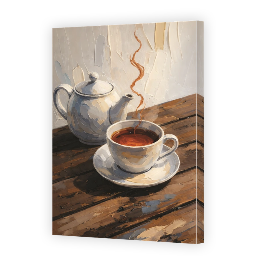 Steaming Tea Set on Wooden Table