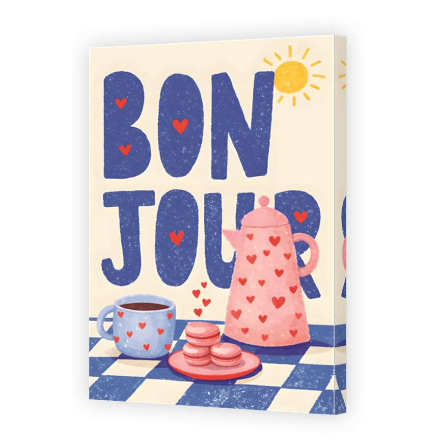 Cheery Bonjour coffee and macarons illustration