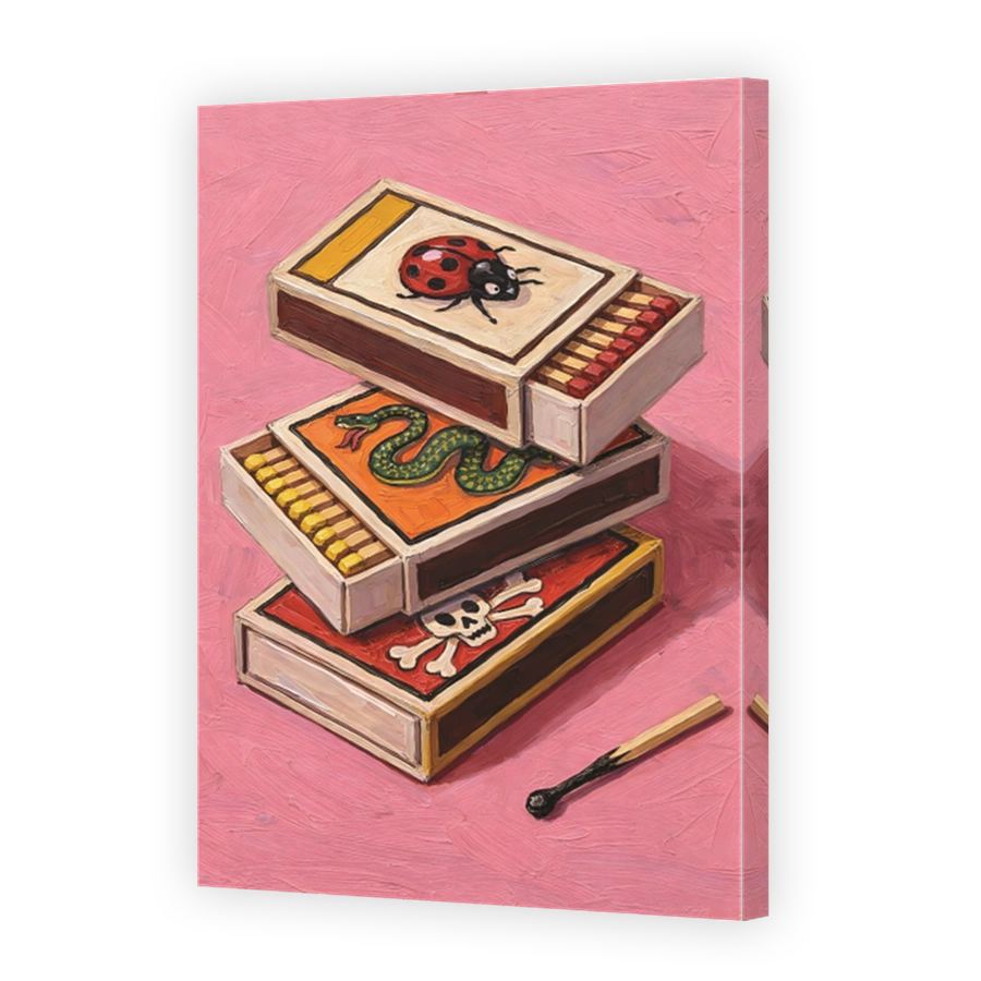 Whimsical Oil Painting of Matches with Ladybug and Snake