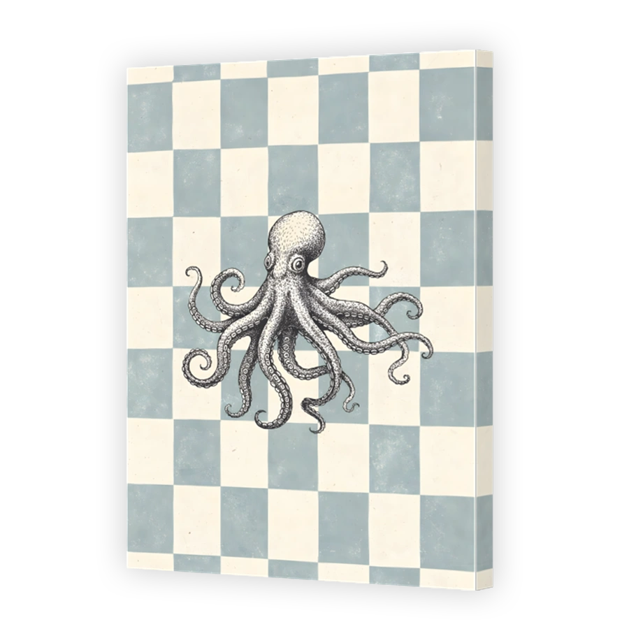Whimsical Octopus Illustration on Blue and Beige Checkered Backgr