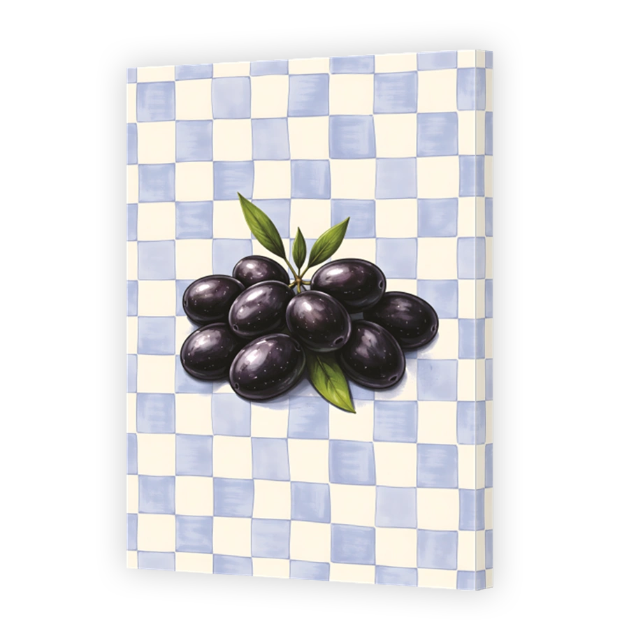 Fresh olives on a blue and white checkered background