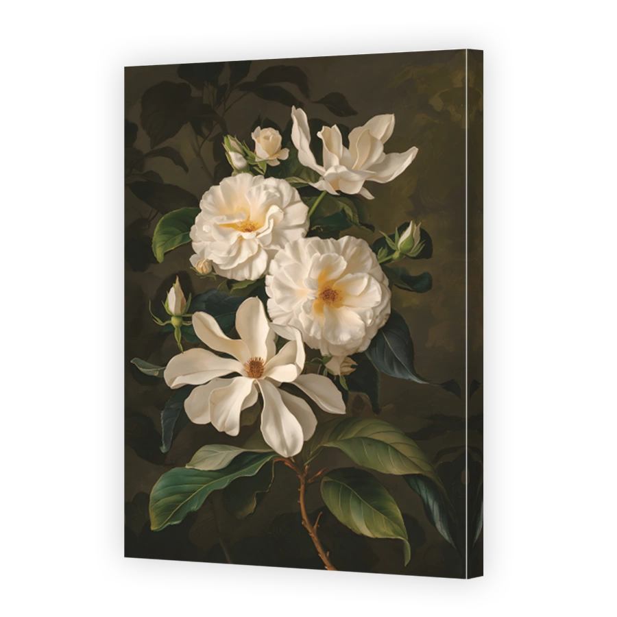 Vintage Floral Oil Painting with White Roses and Magnolia