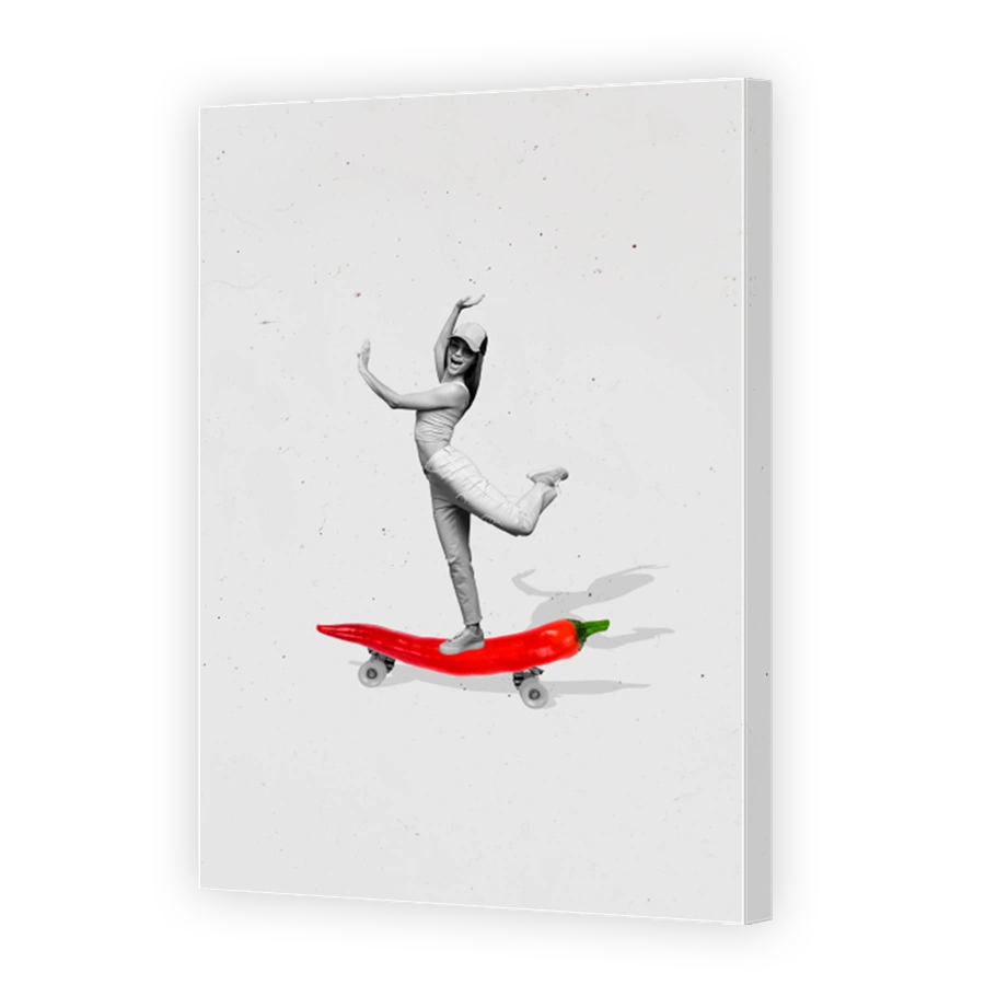 Energetic woman skateboarding on a chili pepper