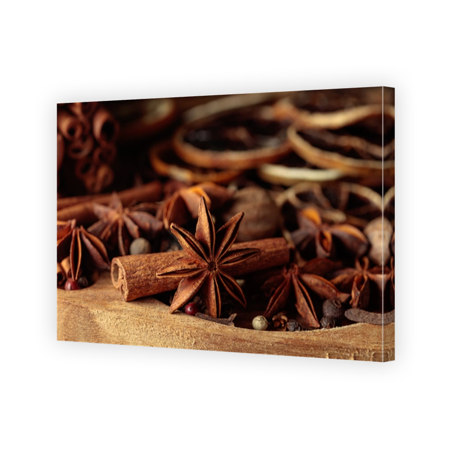 Various Christmas spices with dried citrus slices.