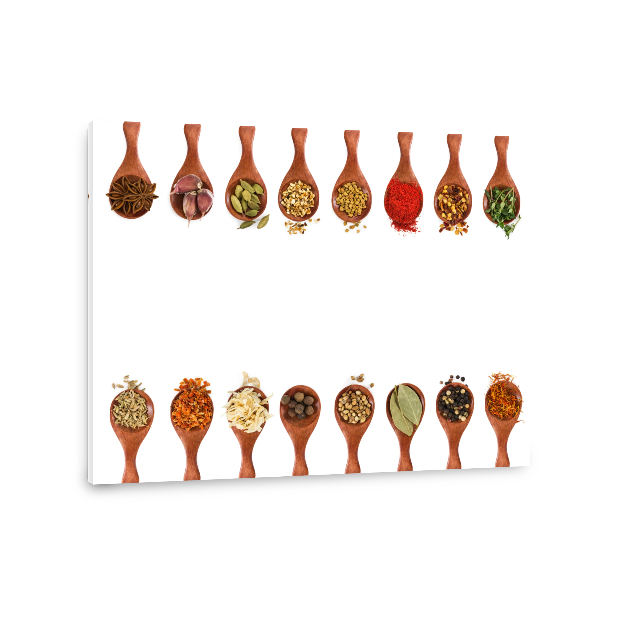 Different seasonings and spices in wooden spoons