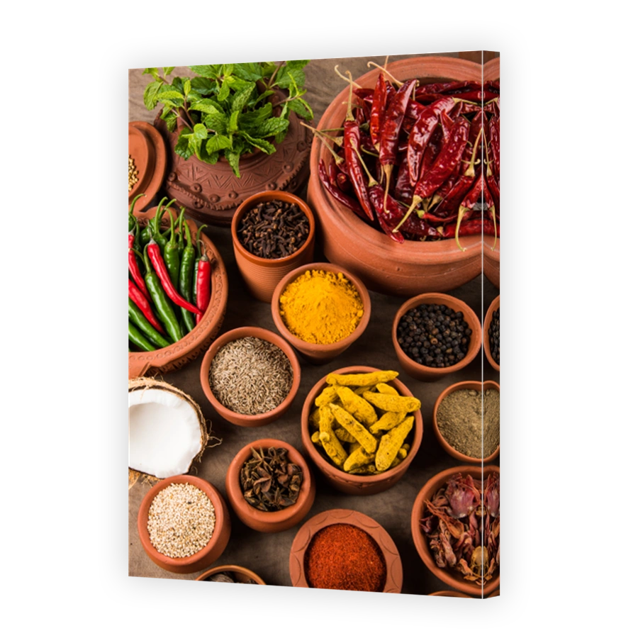 indian spices in terracotta pots, colourful spices, group of spices