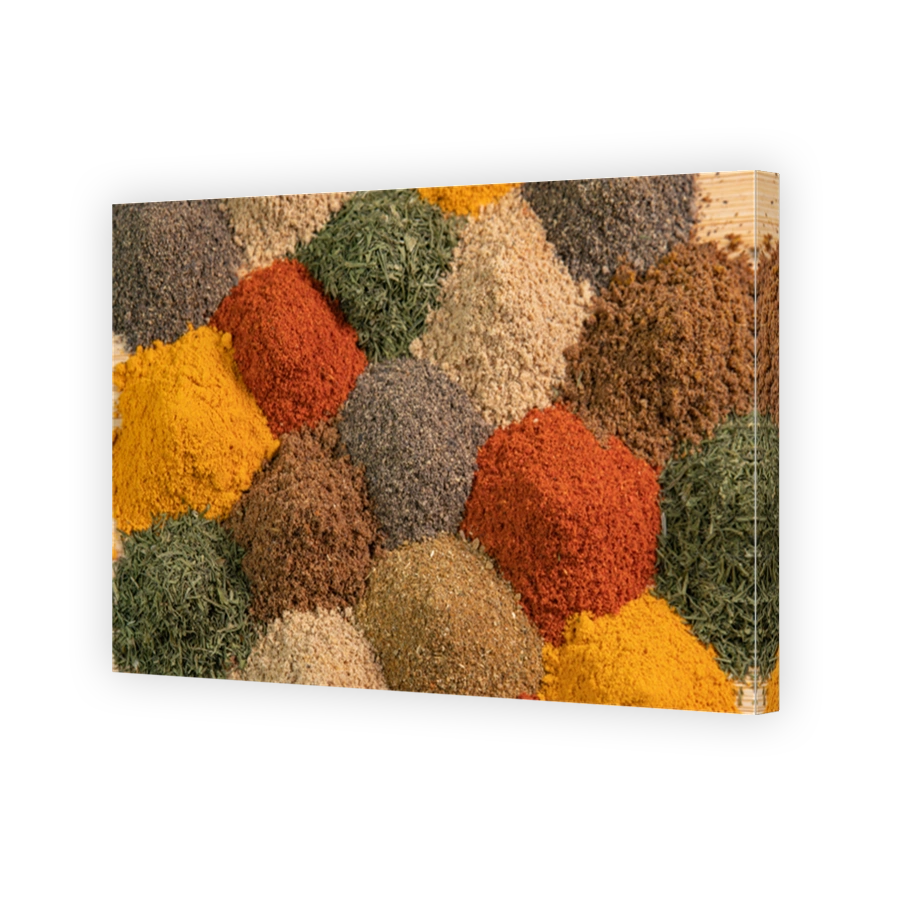 Assortment spices and herbs for cooking. Spice and seasoning. Various fragrant spice market. Heap different Asian Spices lies on wooden background