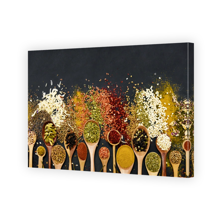 Colorful mix of herb and spice varieties: curry and coriander, turmeric and cumin, paprika and pepper, mustard and salt, cardamon and oregano and saffron