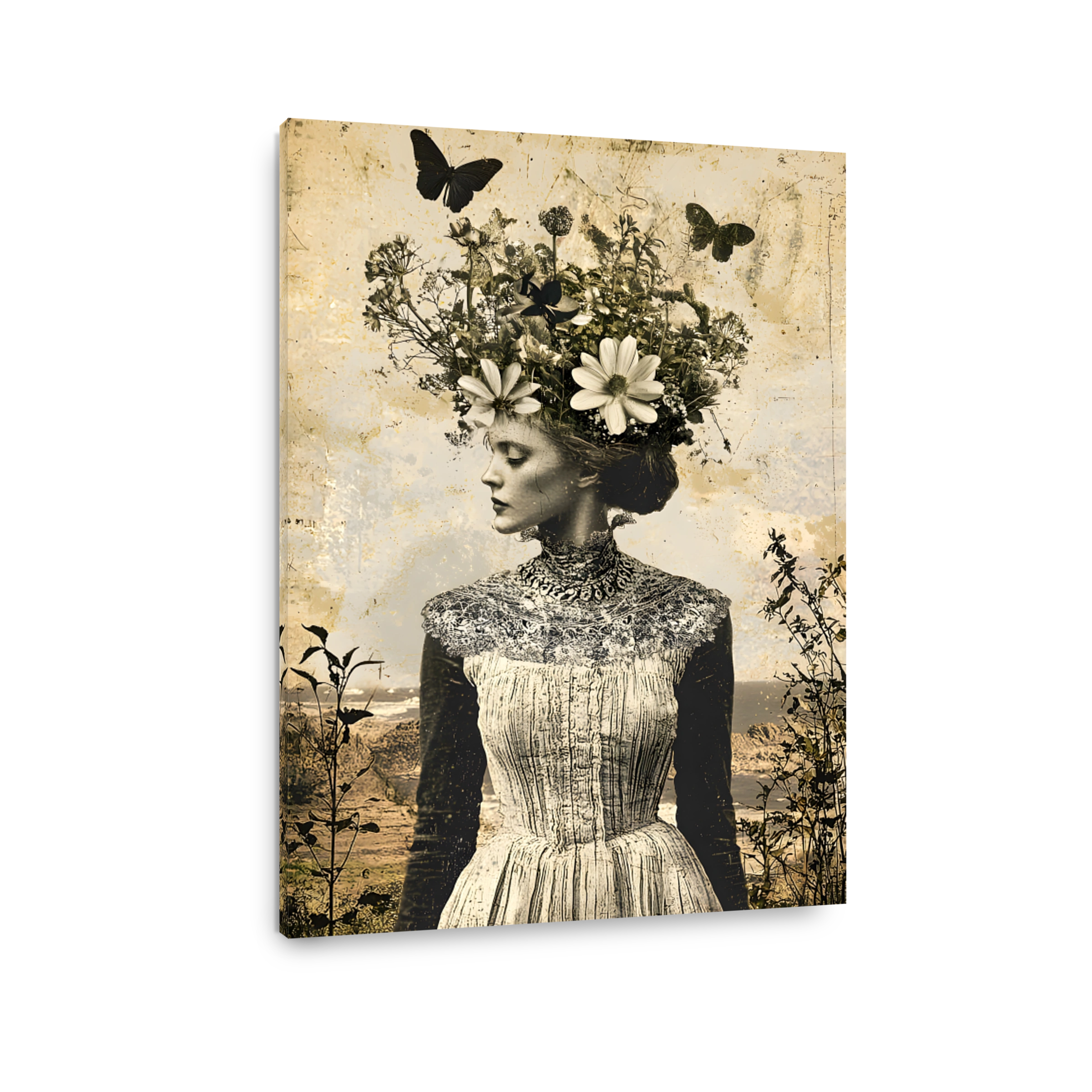 Surreal Woman with Floral Headpiece and Butterflies