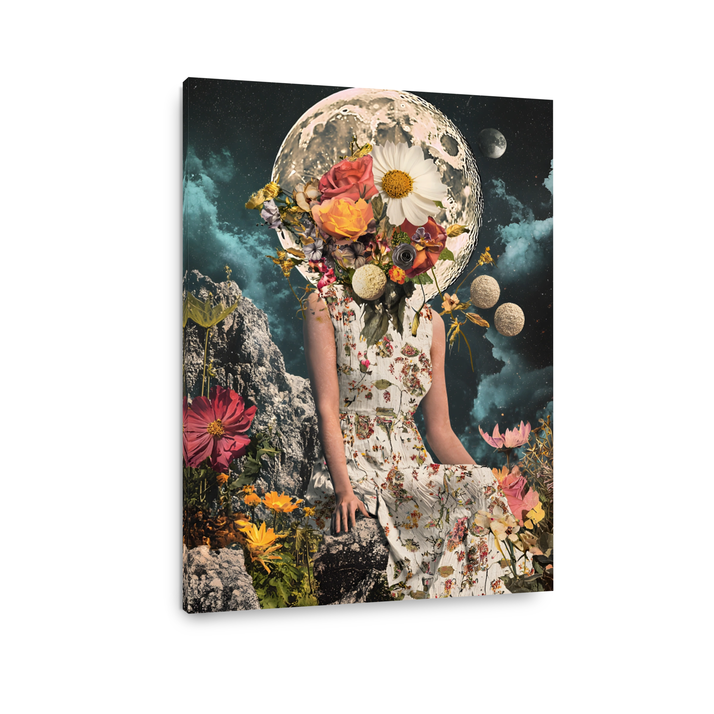 Surreal Woman with Floral Head and Moon Art
