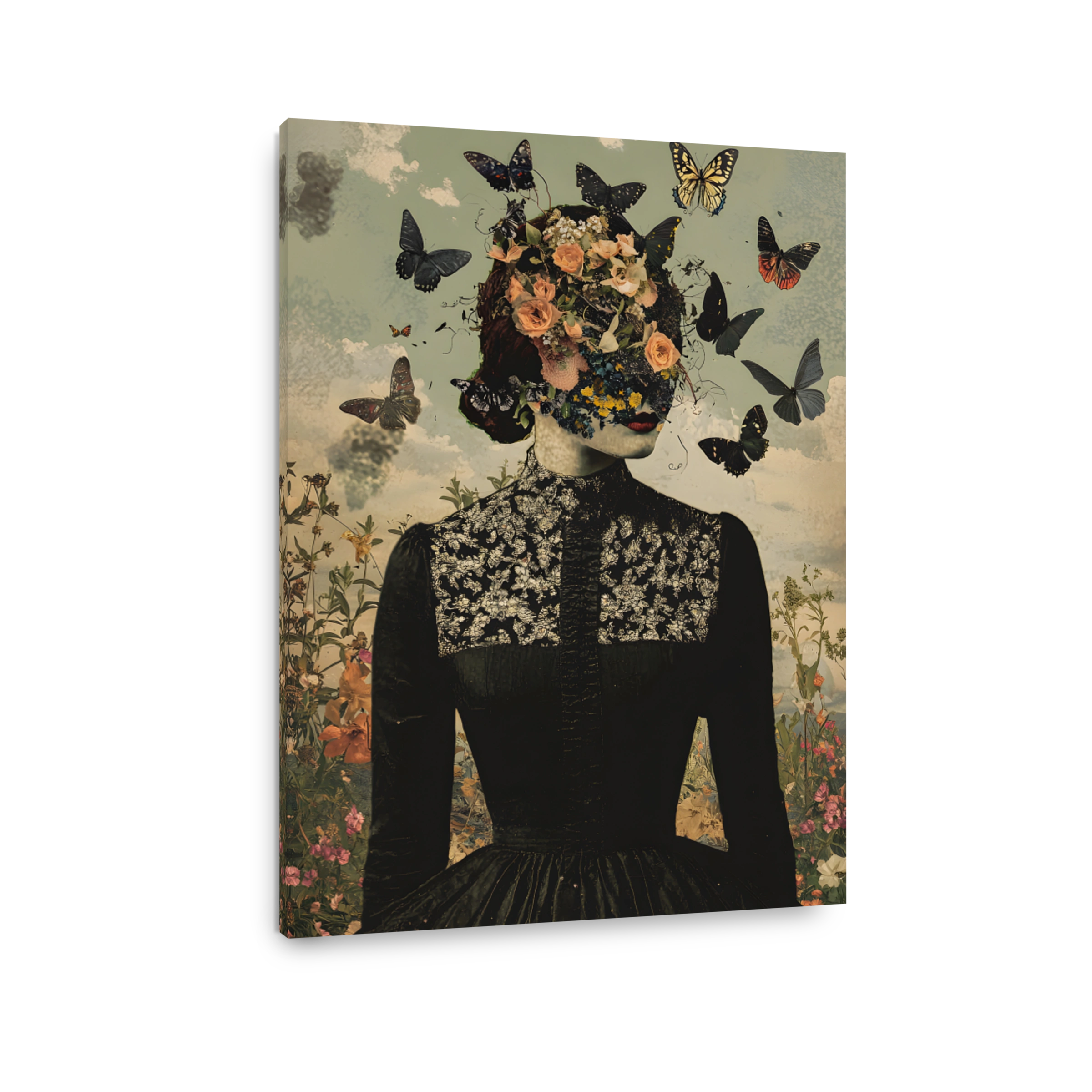 Surreal Woman with Floral Headdress and Butterflies Collage
