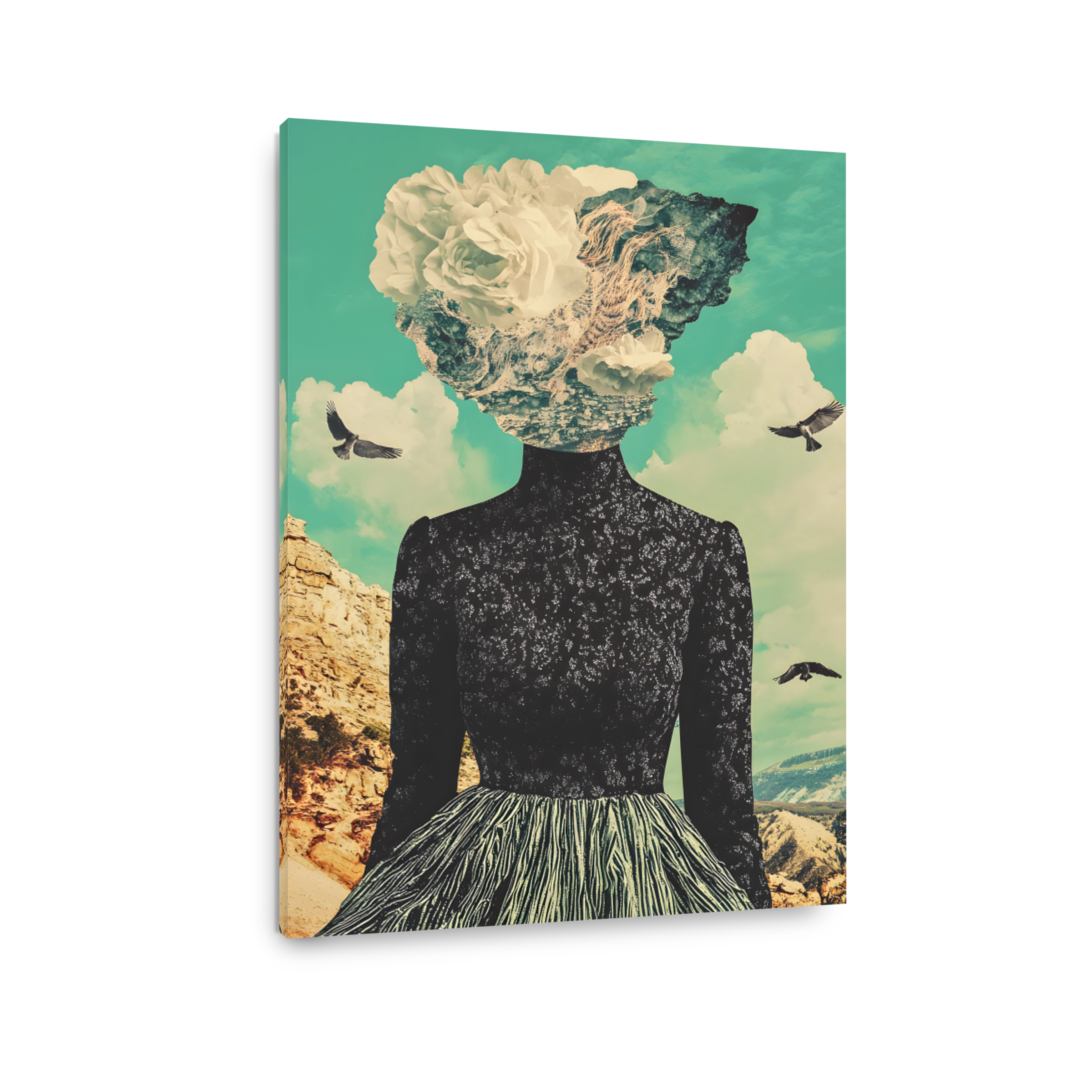 Surreal Figure Collage with Floral and Rocky Head