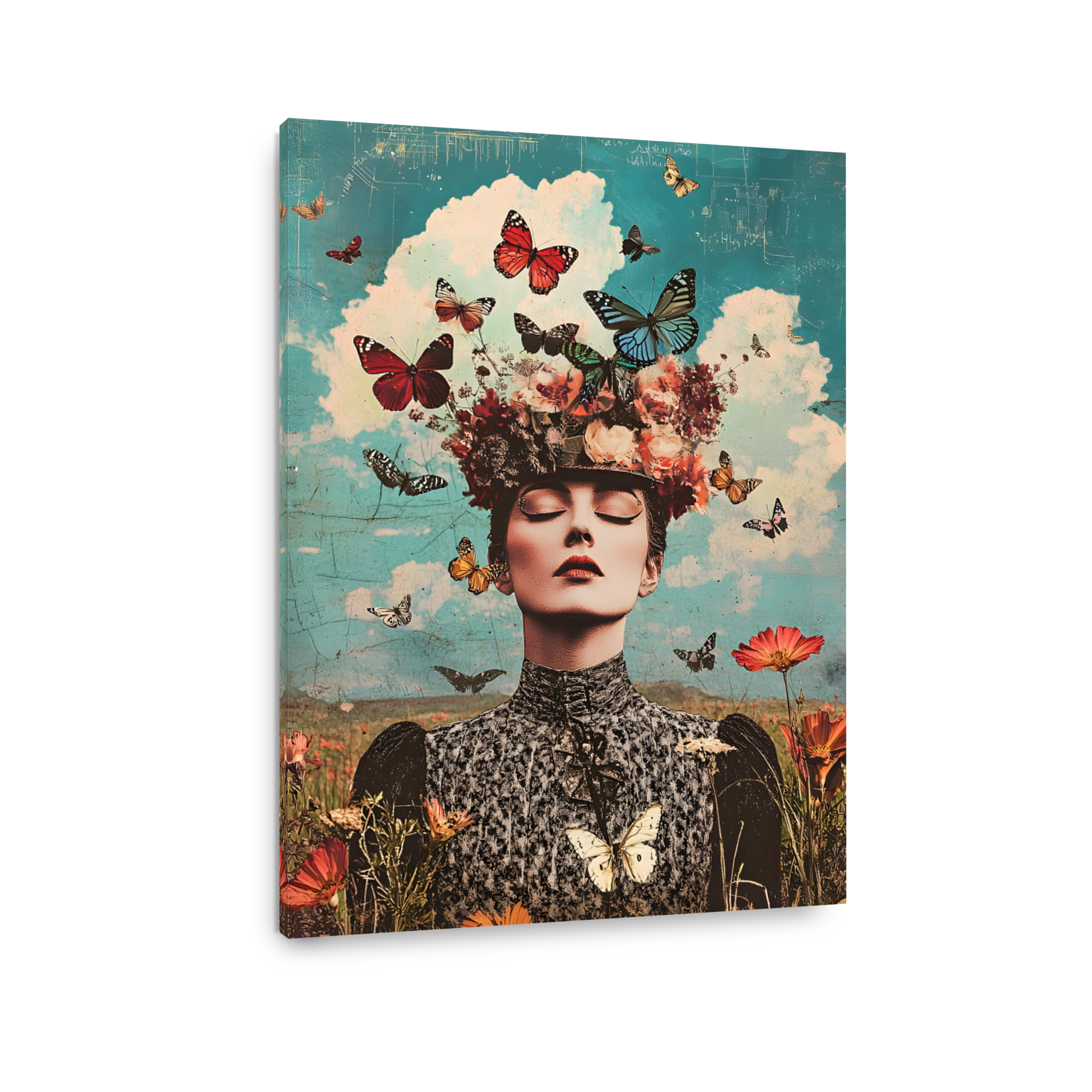 Surreal Woman Adorned with Butterflies and Flowers