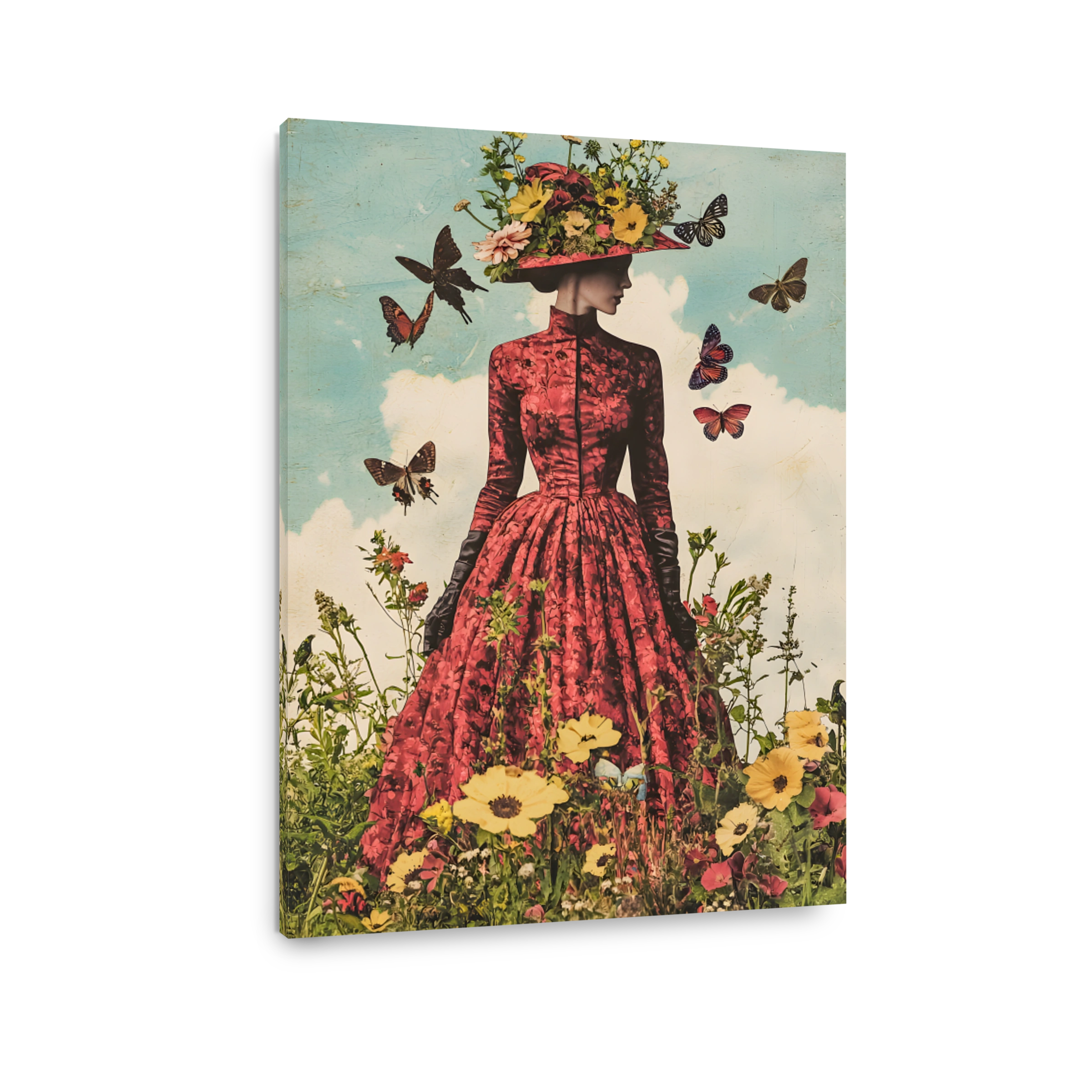 Surreal Woman in Red Floral Dress with Butterflies
