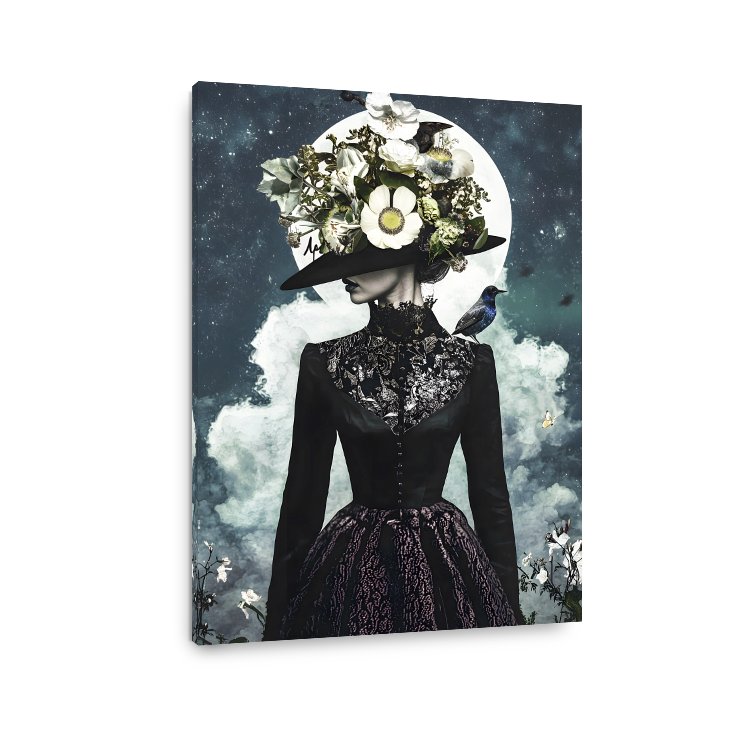 Surreal Woman with Floral Hat and Moon