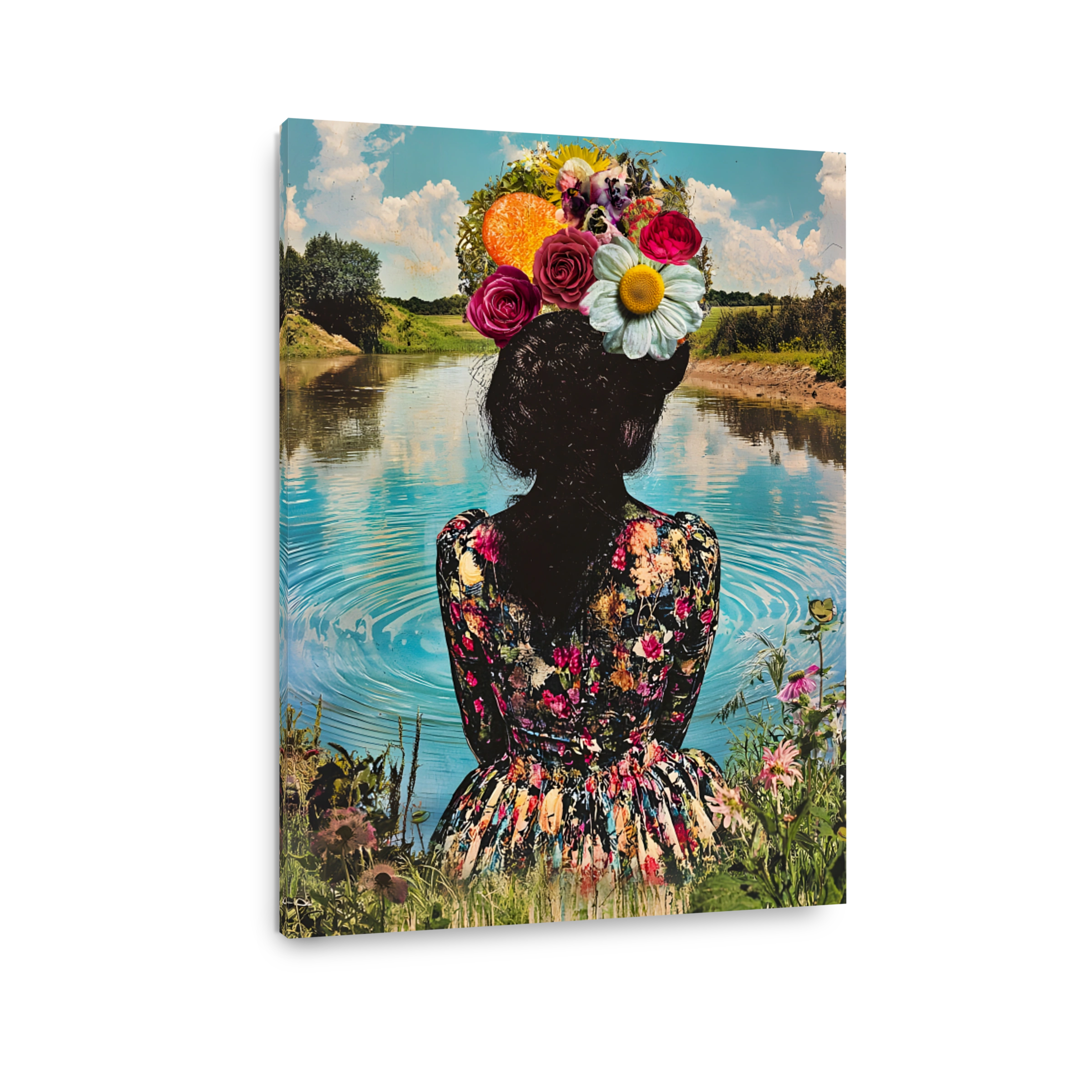 Surreal woman with floral headdress by water