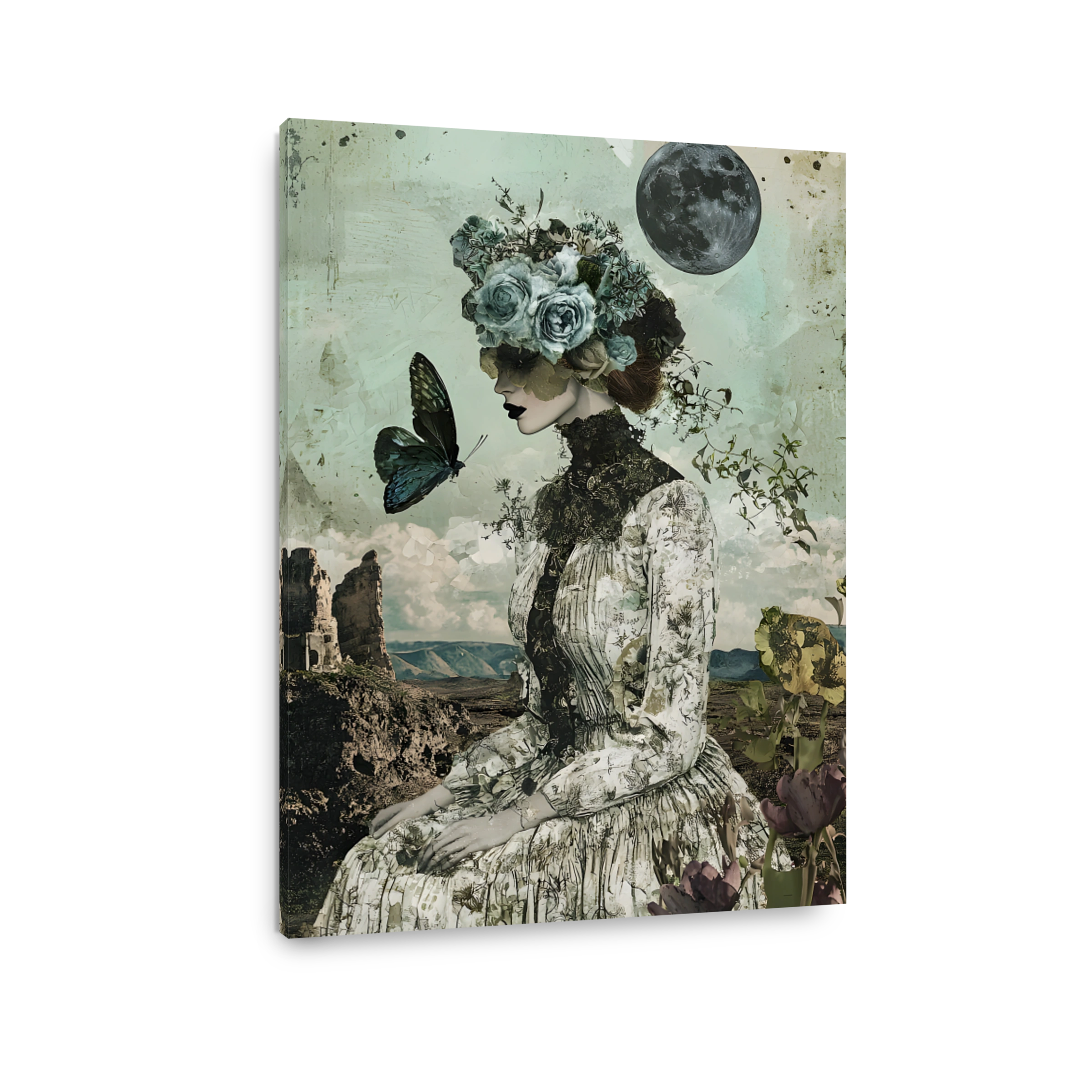 Surreal woman with floral headpiece and butterfly