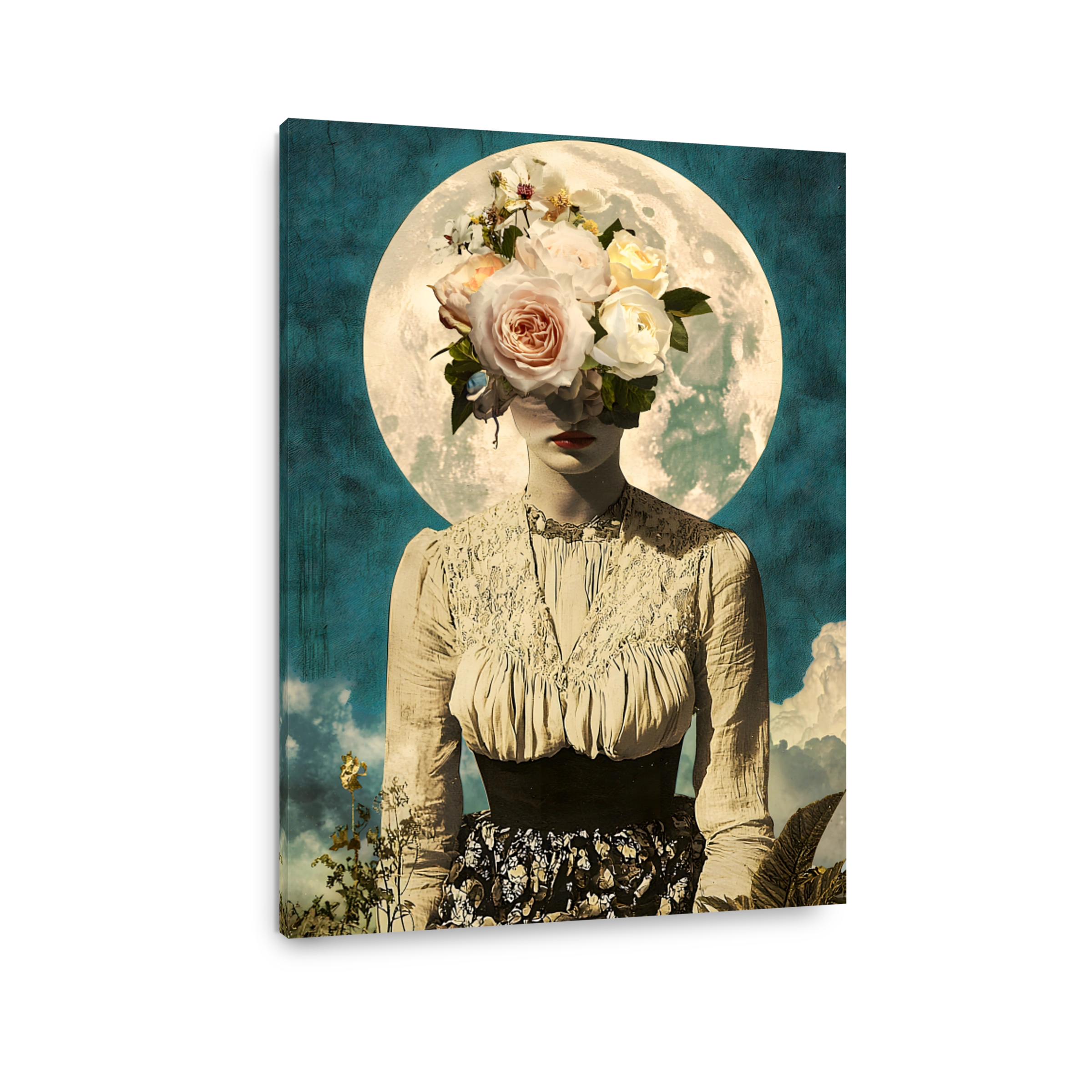 Surreal woman with floral head collage